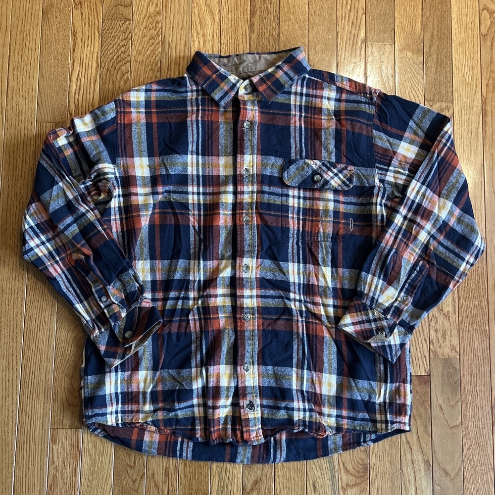 Legendary‎ Whitetails Flannel Shirt Men XL Blue Orange Plaid Corduroy Flip Cuffs